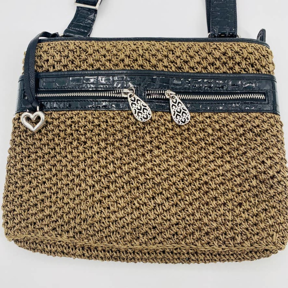 Brighton Brown Black Woven Straw and Leather Messenger Shoulder Bag - Picture 11 of 11